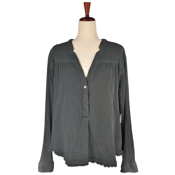 FREE PEOPLE Changing Horizons Boho Gauze Button-Up Popover Top Gray-Green Size L - Picture 1 of 8